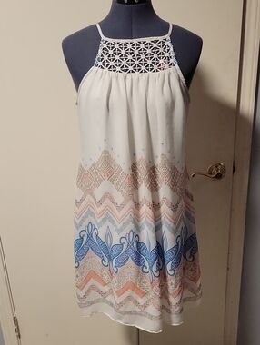 My Michelle White Sundress with Blue & Peach Print